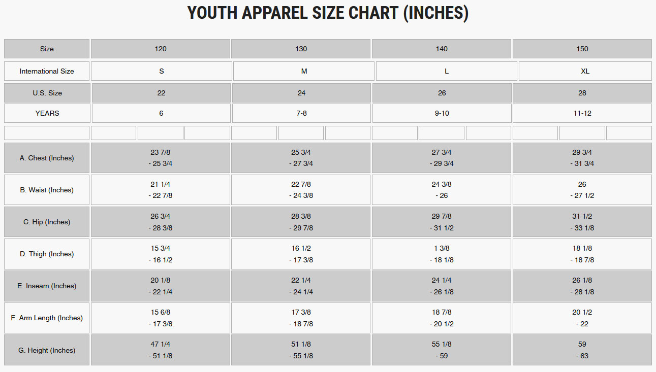 Youth sizing chart for Alpinestars Auto and Kart
